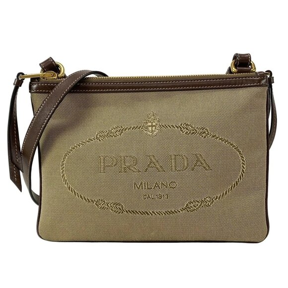 PRADA Logo Jacquard - Khaki Dark Brown Jacquard Leather Shoulder Bag 684-081625 - Picture 1 of 14